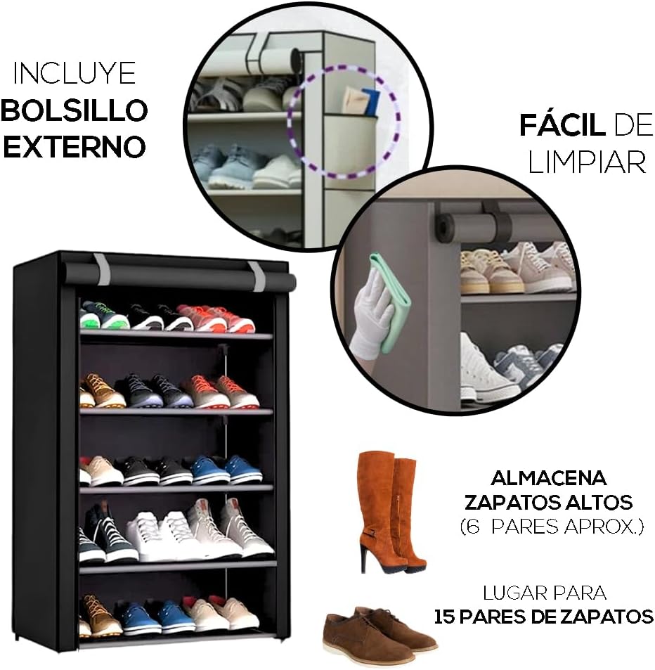 Zapatera de 5 Niveles Multifuncional | Estante para Zapatos | Almacenamiento de Calzado de Acero Inoxidable | Closet Organizador para Tenis | Tela Impermeable (Negro)