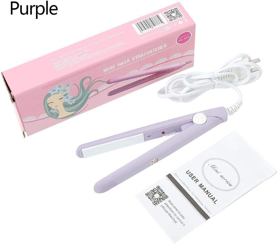 Mini plancha de pelo, rizador de calefacción de hierro plano de turmalina de cerámica portátil 2 en 1 para rizar enderezar flequillo, cabello ondulado cabello corto plancha para cabello(Púrpura)