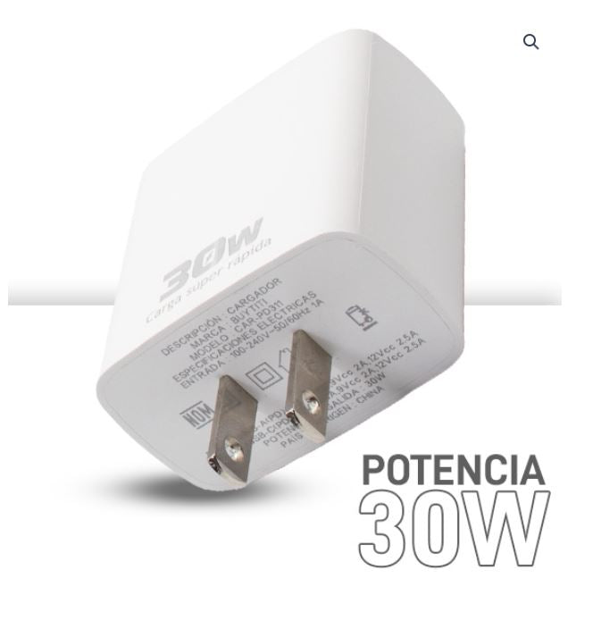 Cubo Cargador de 30W con Puerto USB y Tipo C