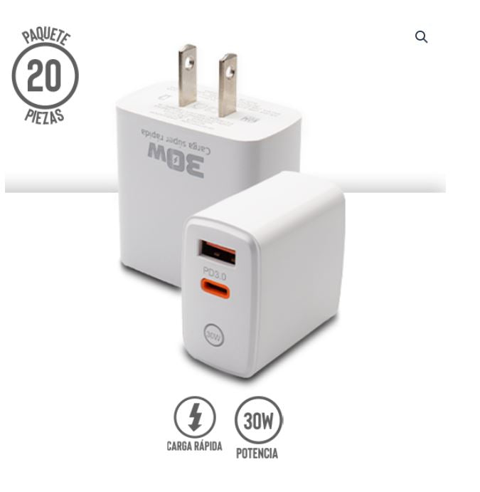 Cubo Cargador de 30W con Puerto USB y Tipo C