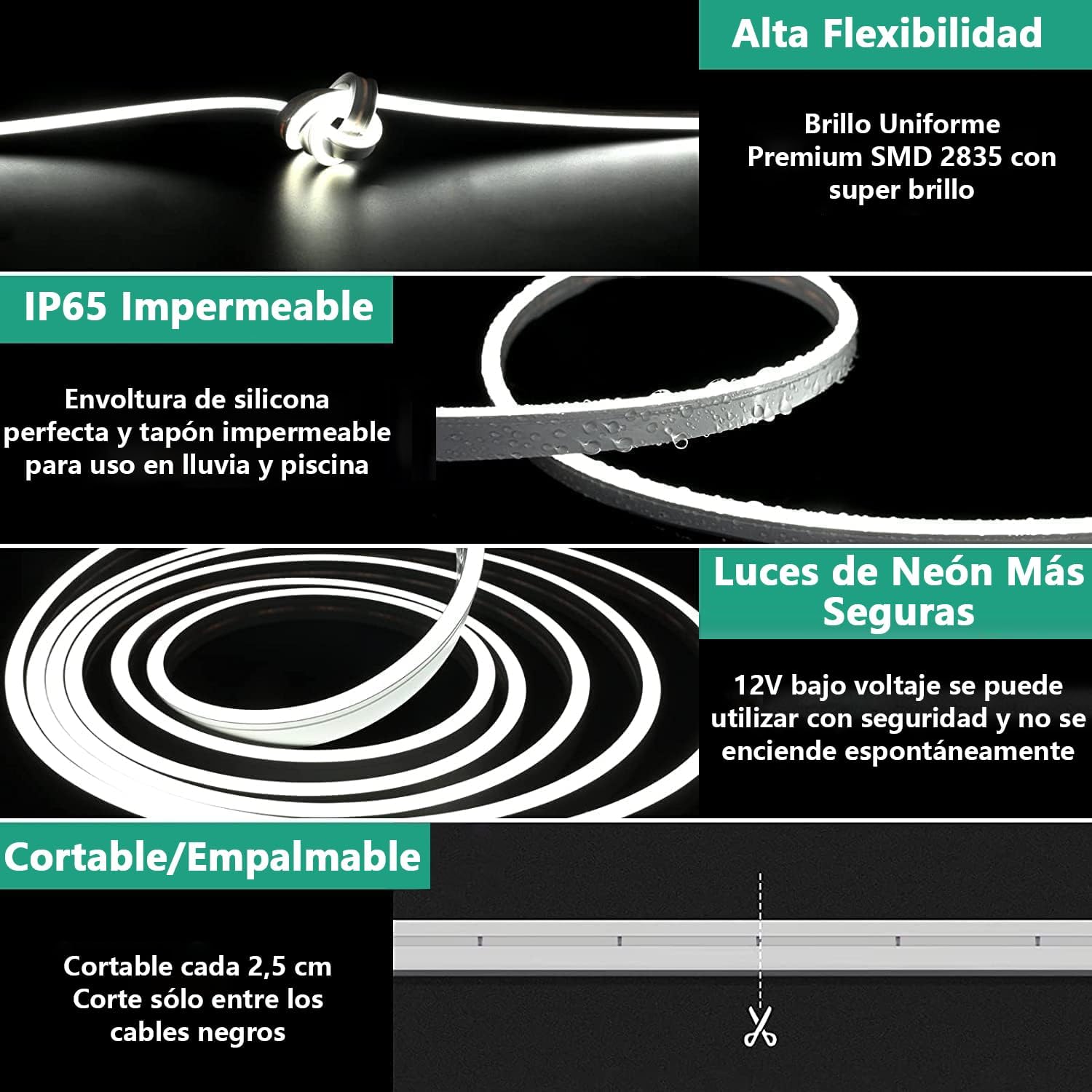 set de 10 rollos rollo neon Luces LED de Neón de La Cuerda, 5M Flexible IP65 Impermeable Tira de Luz de Neón de Silicona, DIY Decoración de Cocina Patio Dormitorio Interior Exterior Fiesta Navidad (Blanco Frío)