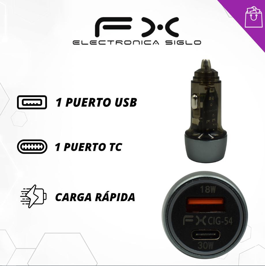 turbo cargador para carro con entrada usb y tipo c