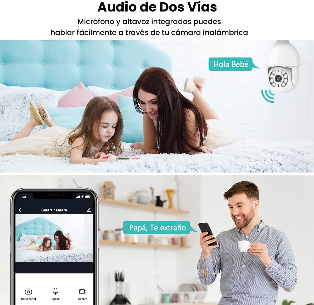 Foco con Camara de Seguridad(Versión Impermeable Exterior), Camara de Foco, IP65 Impermeable, iCSee/Tris Home, Base E27, Visión Nocturna, Audio Bidireccional, Compatible con Alexa