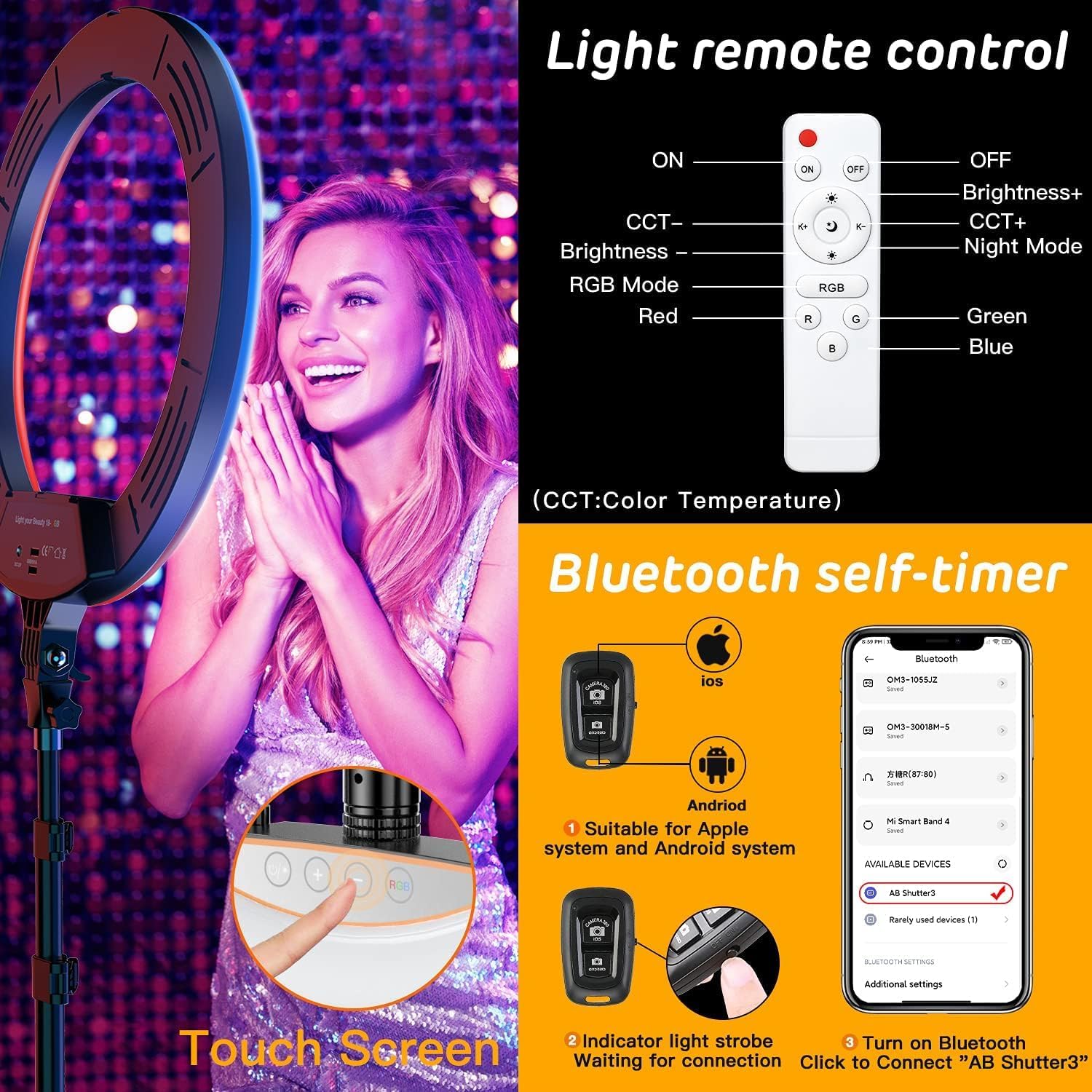 Aro de Luz Profesional, 18"/45cm diámetro RGB Colores Aro Regulable LED con 2.1m Tripie,Luz Fotografía Ring Light para Peluquería/Cámara Profesional/TikTok/Youtube