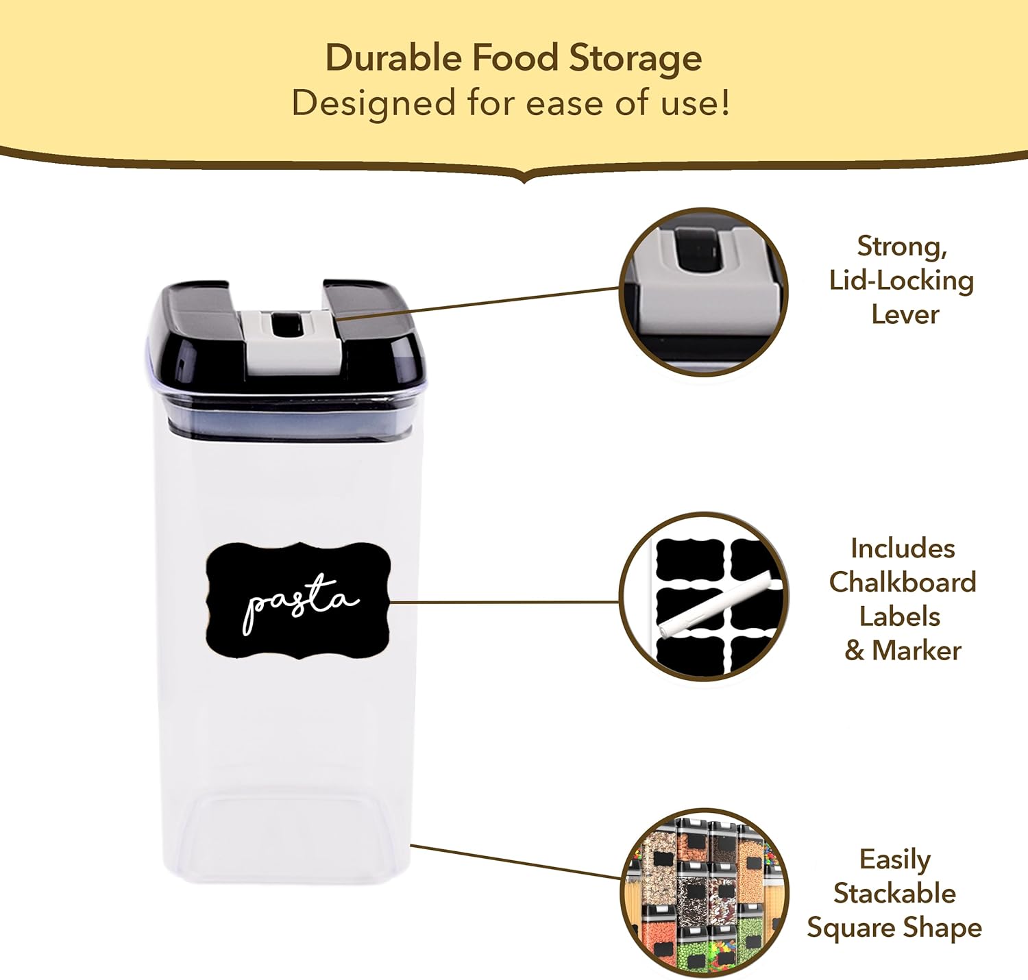 Recipientes herméticos Simply Gourmet para almacenar alimentos, ideal para organizar y almacenar alimentos en la despensa. Juego de 7 piezas + 16 etiquetas de pizarra y marcador gratis. Recipientes herméticos para alimentos, perfectos para almacenar en la