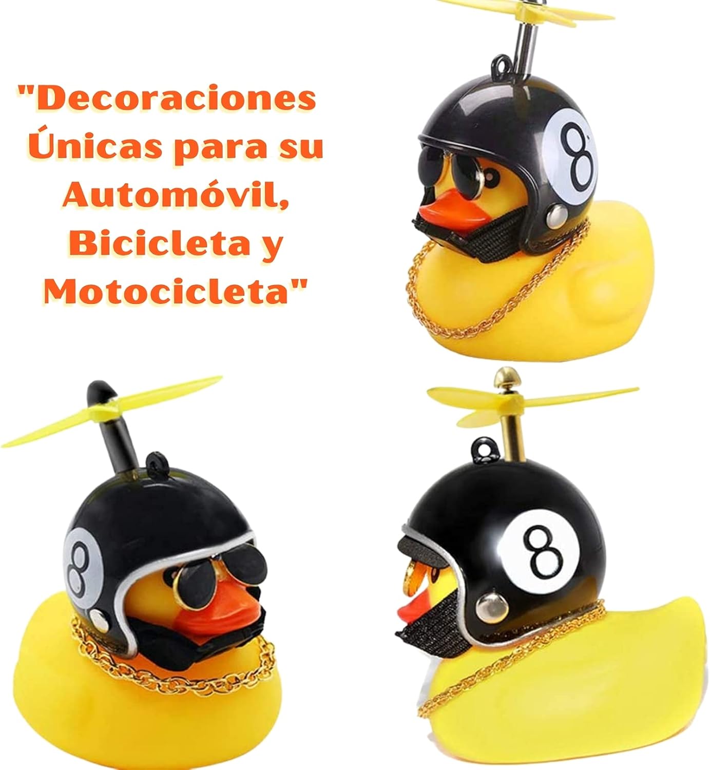nuevo Patito con Casco para Bicicleta, Motocicleta, Coches y Más; Accesorio de Campana de Pato de Hule con Casco, Hélice, Cadena, Lentes, Luces y Sonido. Divertido, Innovador y Creativo, Accesorio para niños y Adultos, Patito Biker. (Bola 8)