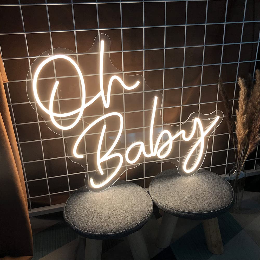 Oh BABY - Letreros de neón para bebé, acrílico transparente con atenuadores, luces iluminadas, letreros para interiores y dormitorios, decoración de la habitación, letrero de neón LED de 22.2 x 20.9 pulgadas, bar, fiesta, boda, niña, sala de estar, oficin