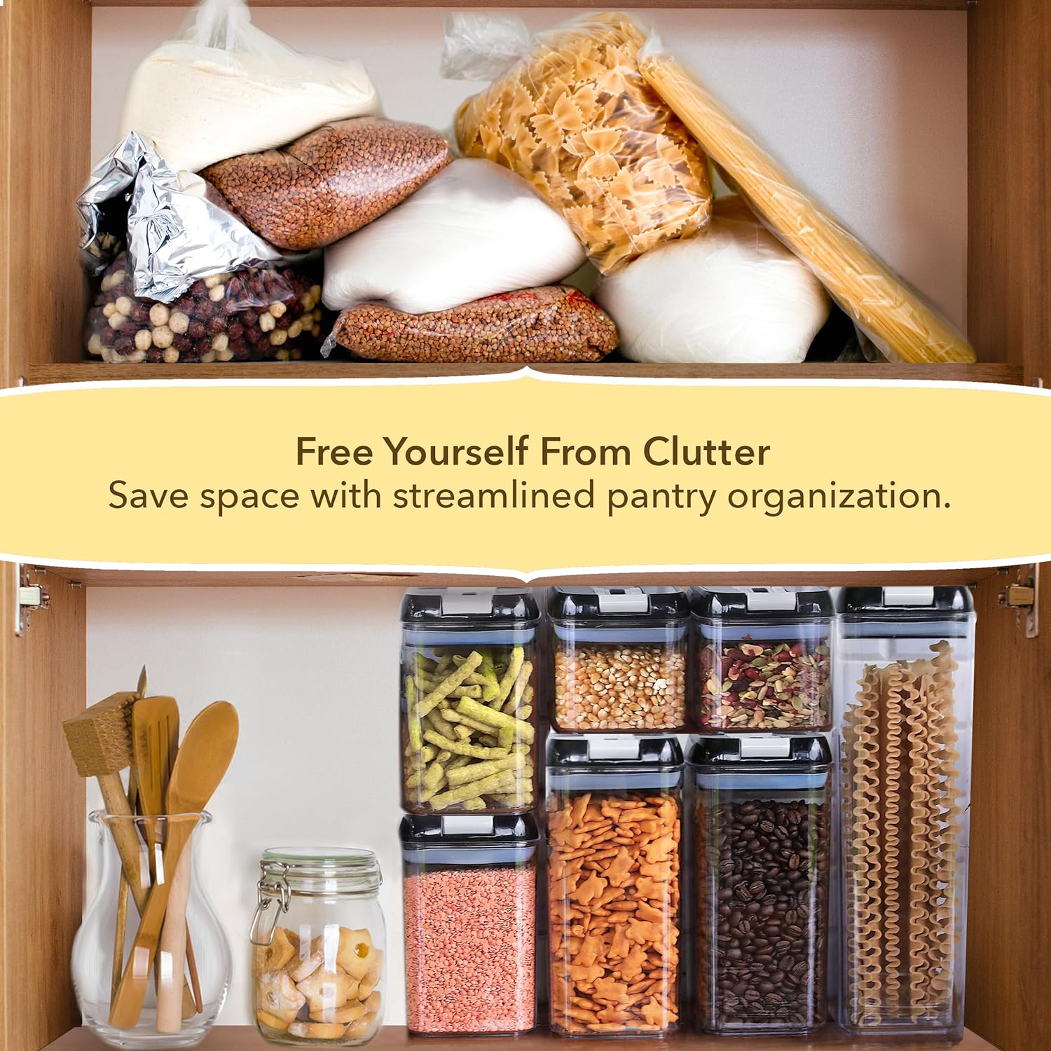 Recipientes herméticos Simply Gourmet para almacenar alimentos, ideal para organizar y almacenar alimentos en la despensa. Juego de 7 piezas + 16 etiquetas de pizarra y marcador gratis. Recipientes herméticos para alimentos, perfectos para almacenar en la