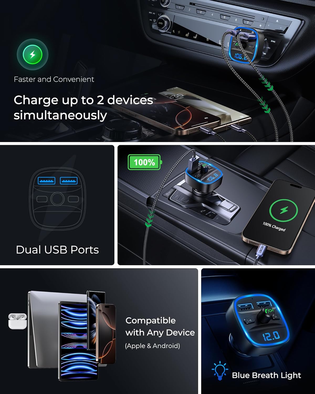 Transmisor FM, Transmisor FM Bluetooth Adaptador de radio inalámbrico Kit de coche con carga USB dual, Receptor de audio Cargador de coche Reproductor de MP3, Compatible con llamadas manos libres, Tarjeta TF y USB Di
