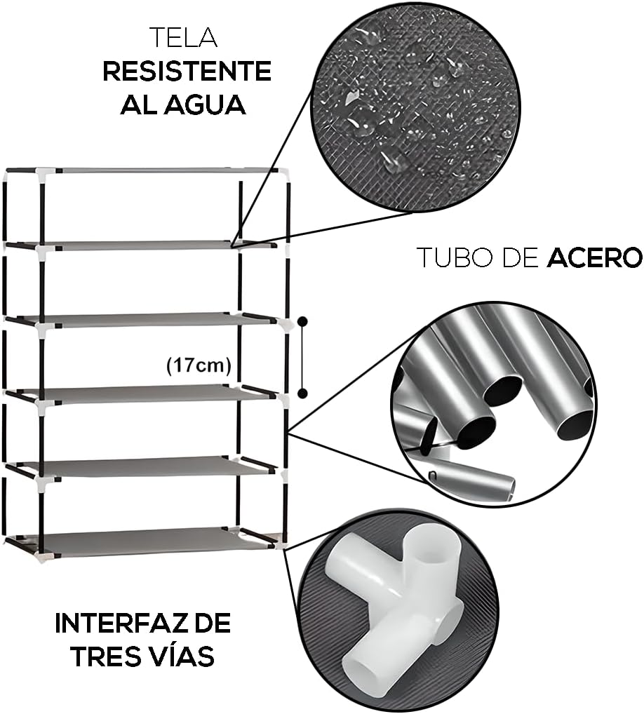 Zapatera de 5 Niveles Multifuncional | Estante para Zapatos | Almacenamiento de Calzado de Acero Inoxidable | Closet Organizador para Tenis | Tela Impermeable (Negro)