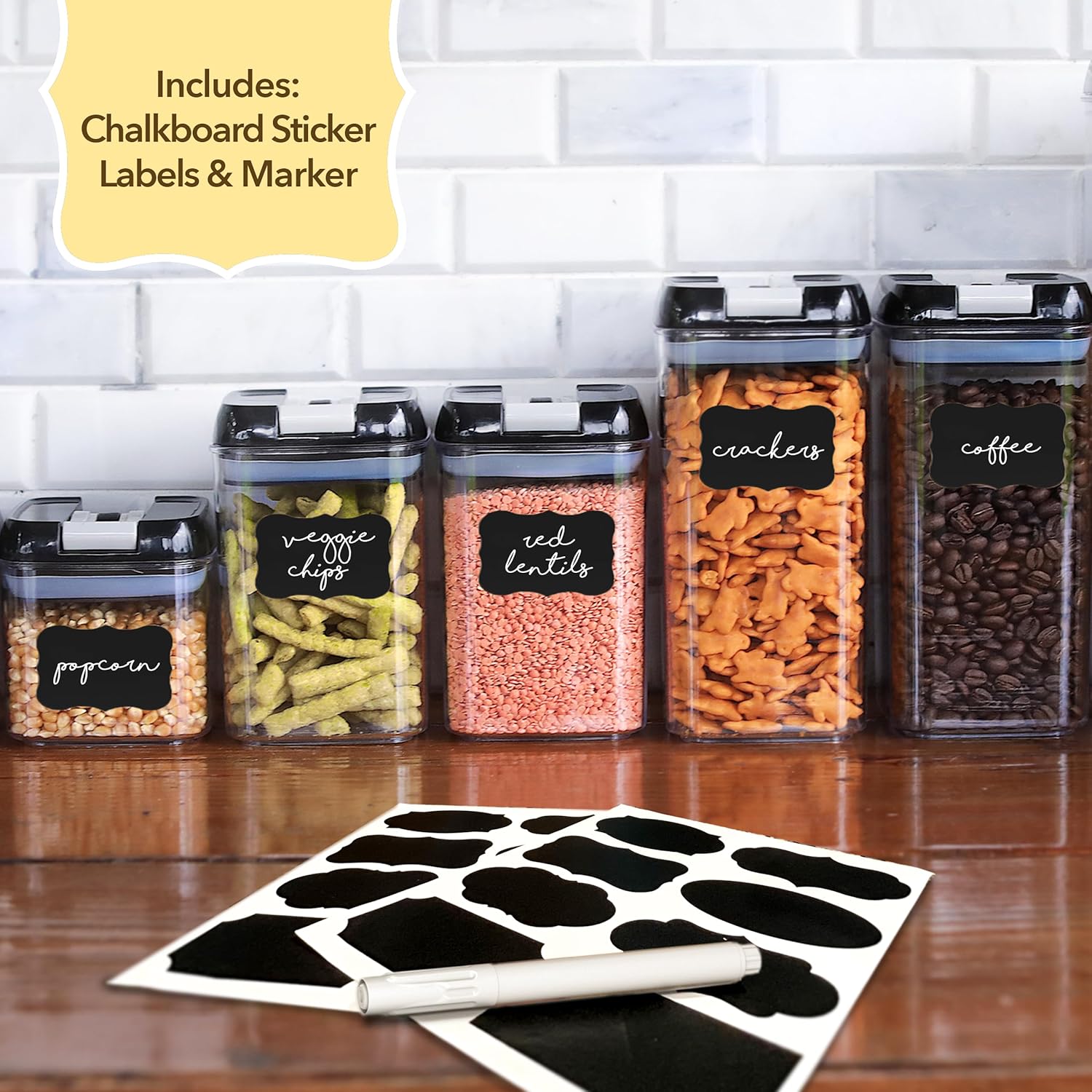 Recipientes herméticos Simply Gourmet para almacenar alimentos, ideal para organizar y almacenar alimentos en la despensa. Juego de 7 piezas + 16 etiquetas de pizarra y marcador gratis. Recipientes herméticos para alimentos, perfectos para almacenar en la
