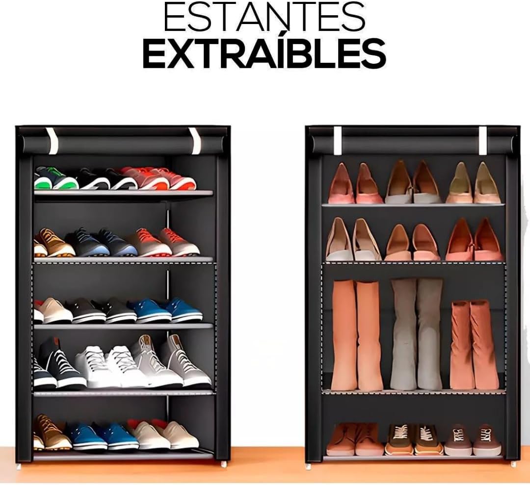 Zapatera de 5 Niveles Multifuncional | Estante para Zapatos | Almacenamiento de Calzado de Acero Inoxidable | Closet Organizador para Tenis | Tela Impermeable (Negro)