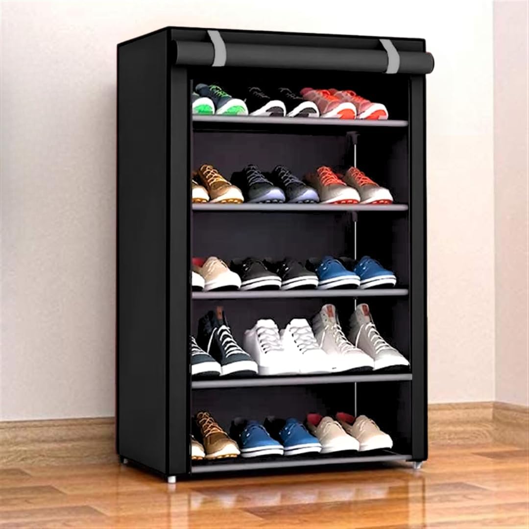 Zapatera de 5 Niveles Multifuncional | Estante para Zapatos | Almacenamiento de Calzado de Acero Inoxidable | Closet Organizador para Tenis | Tela Impermeable (Negro)