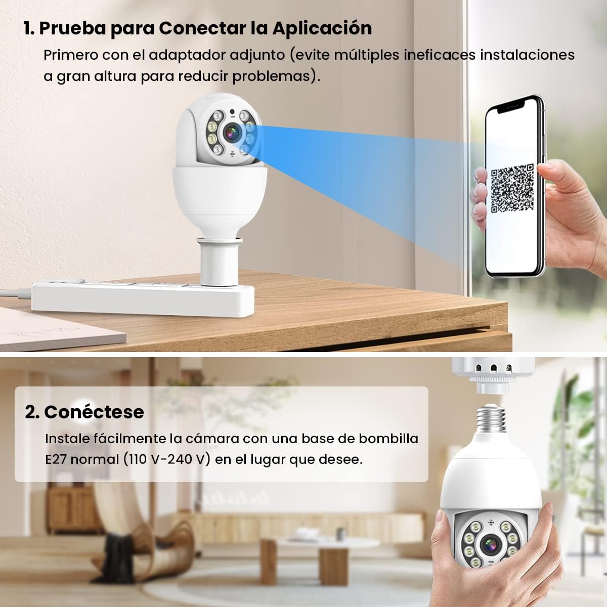 Foco con Camara de Seguridad(Versión Impermeable Exterior), Camara de Foco, IP65 Impermeable, iCSee/Tris Home, Base E27, Visión Nocturna, Audio Bidireccional, Compatible con Alexa