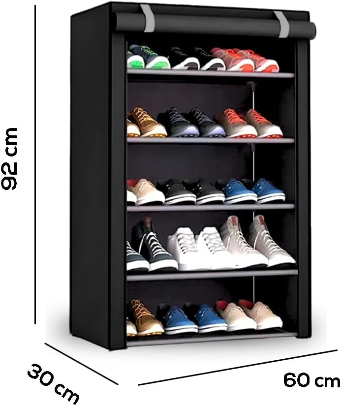 Zapatera de 5 Niveles Multifuncional | Estante para Zapatos | Almacenamiento de Calzado de Acero Inoxidable | Closet Organizador para Tenis | Tela Impermeable (Negro)