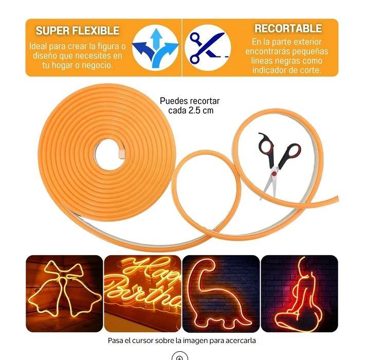 Rollo Led 5 Metros Neon Gel Flexible Recortable 12v DC12V 7,2W/m 120 LEDs/m IP67 para Fuentes y Logotipos